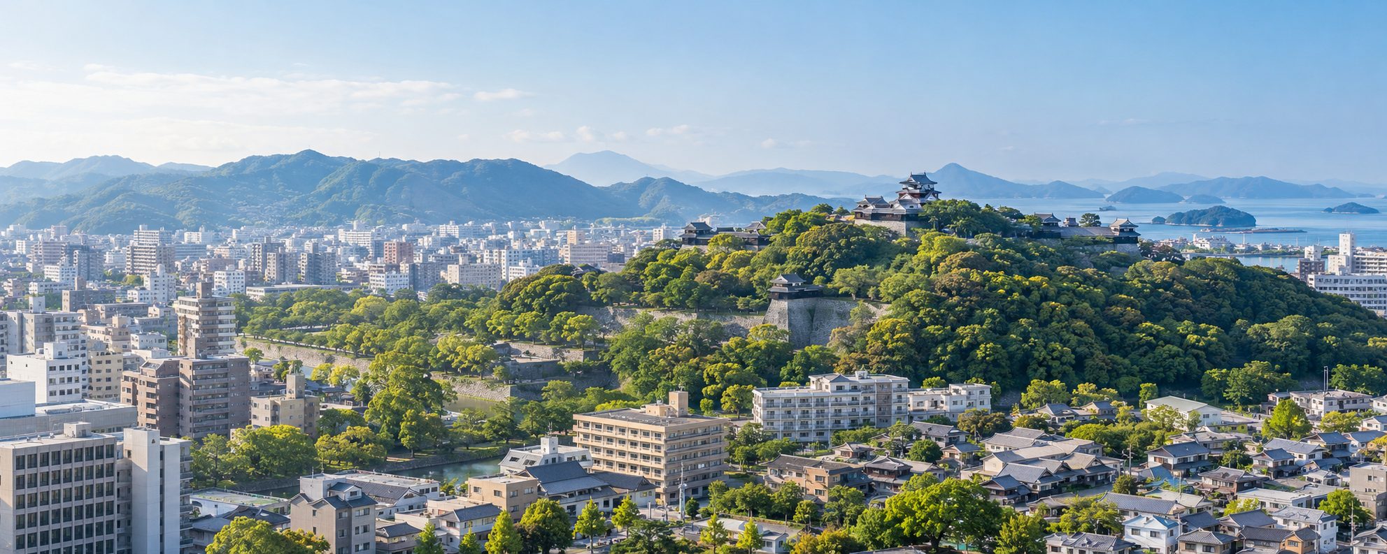松山城のある丘と松山市街、遠くに瀬戸内海を望む生成イメージ